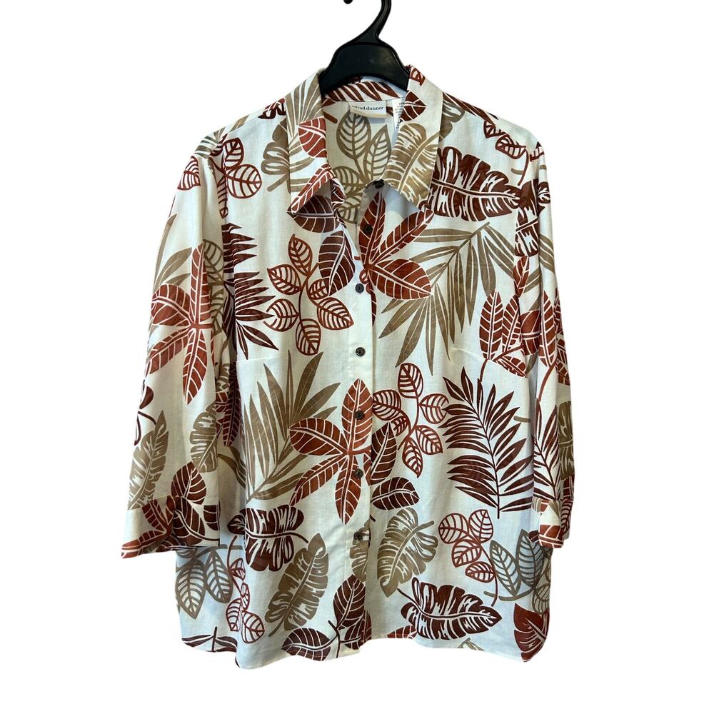 Alfred Dunner brown leaf linen 3/4 sleeve floral button up blouse top women 20W